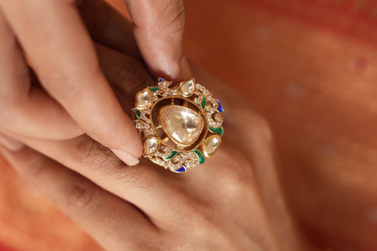 Tejomaya Cocktail Ring in Jadau with Meenakari
