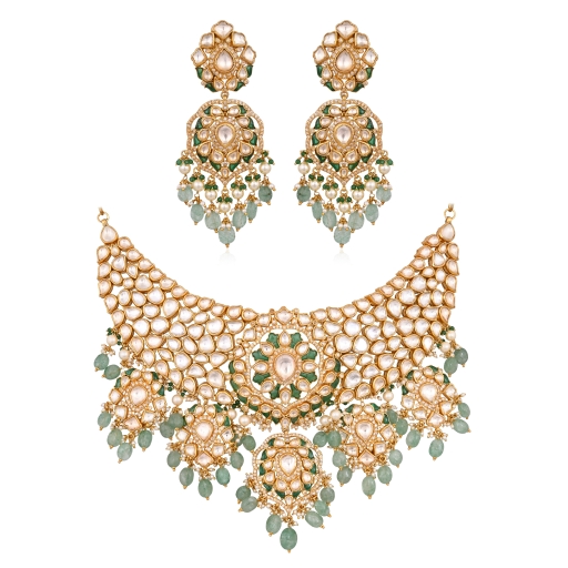 Grand Kundan Choker Necklace Set with Earrings | Emerald Green & Mint Jadau Bridal Jewellery