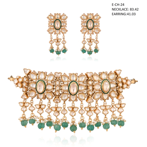 Kundan Polki Choker Necklace Set with Earrings | Emerald Green & Pearl Drop Jadau Bridal Jewellery