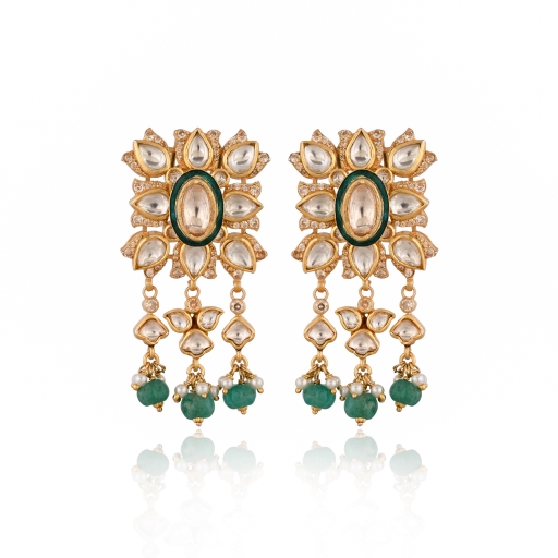 Kundan Polki Choker Necklace Set with Earrings | Emerald Green & Pearl Drop Jadau Bridal Jewellery