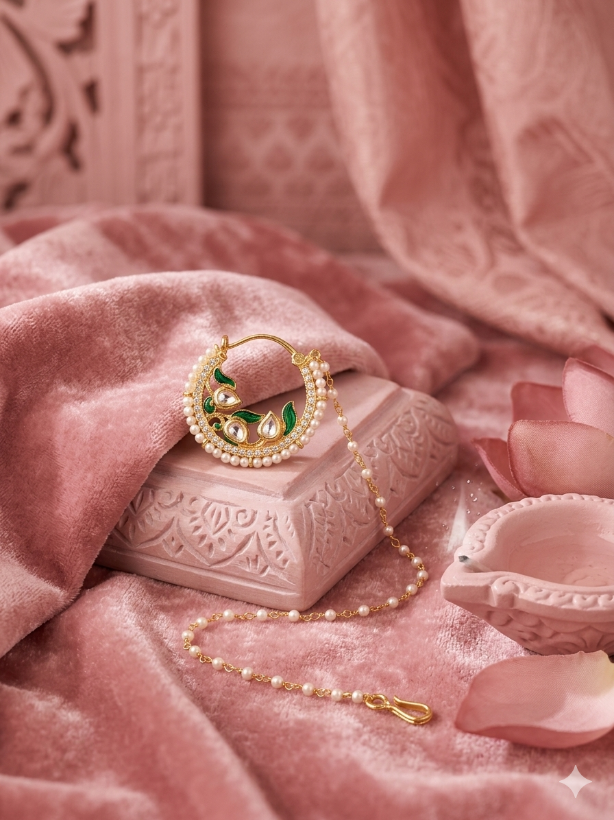 Kundan Meenakari Pearl Hoop Nath with Pearl Chain | Bridal Nose Ring | Gold Plated Silver