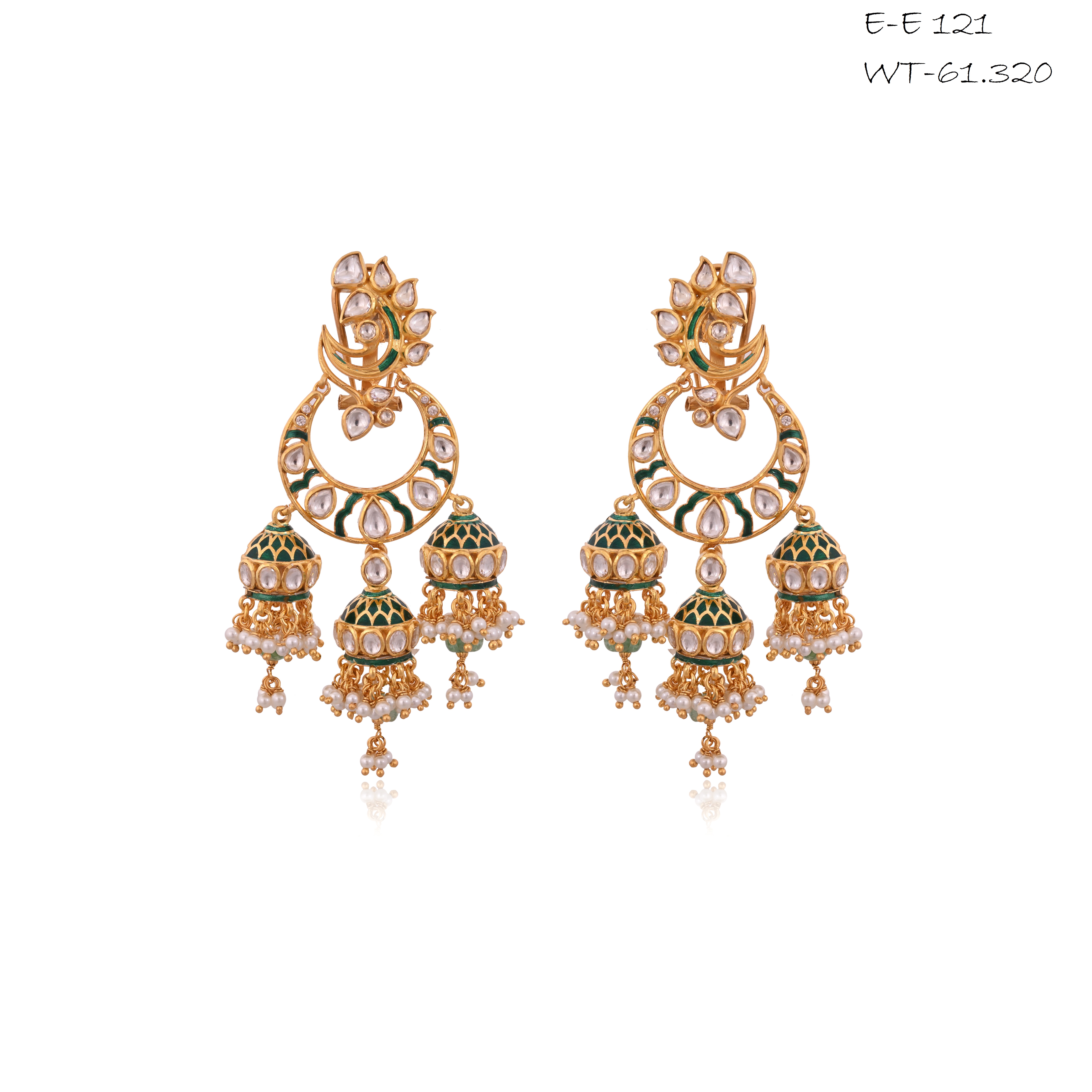 Chandravali Triple Jhumka Chandbali Earrings in Jadau with Meenakari