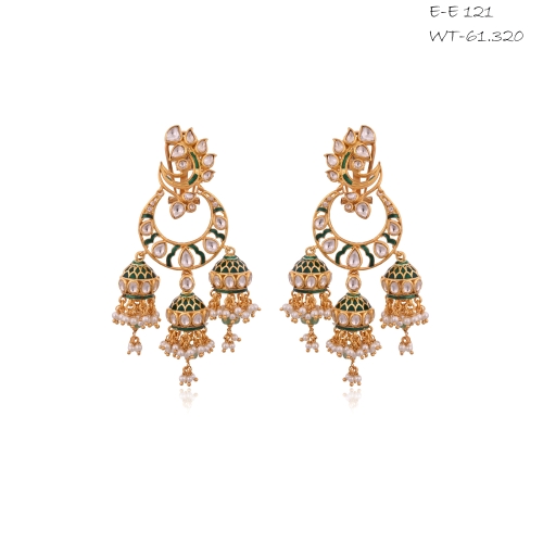 Chandravali Triple Jhumka Chandbali Earrings in Jadau with Meenakari