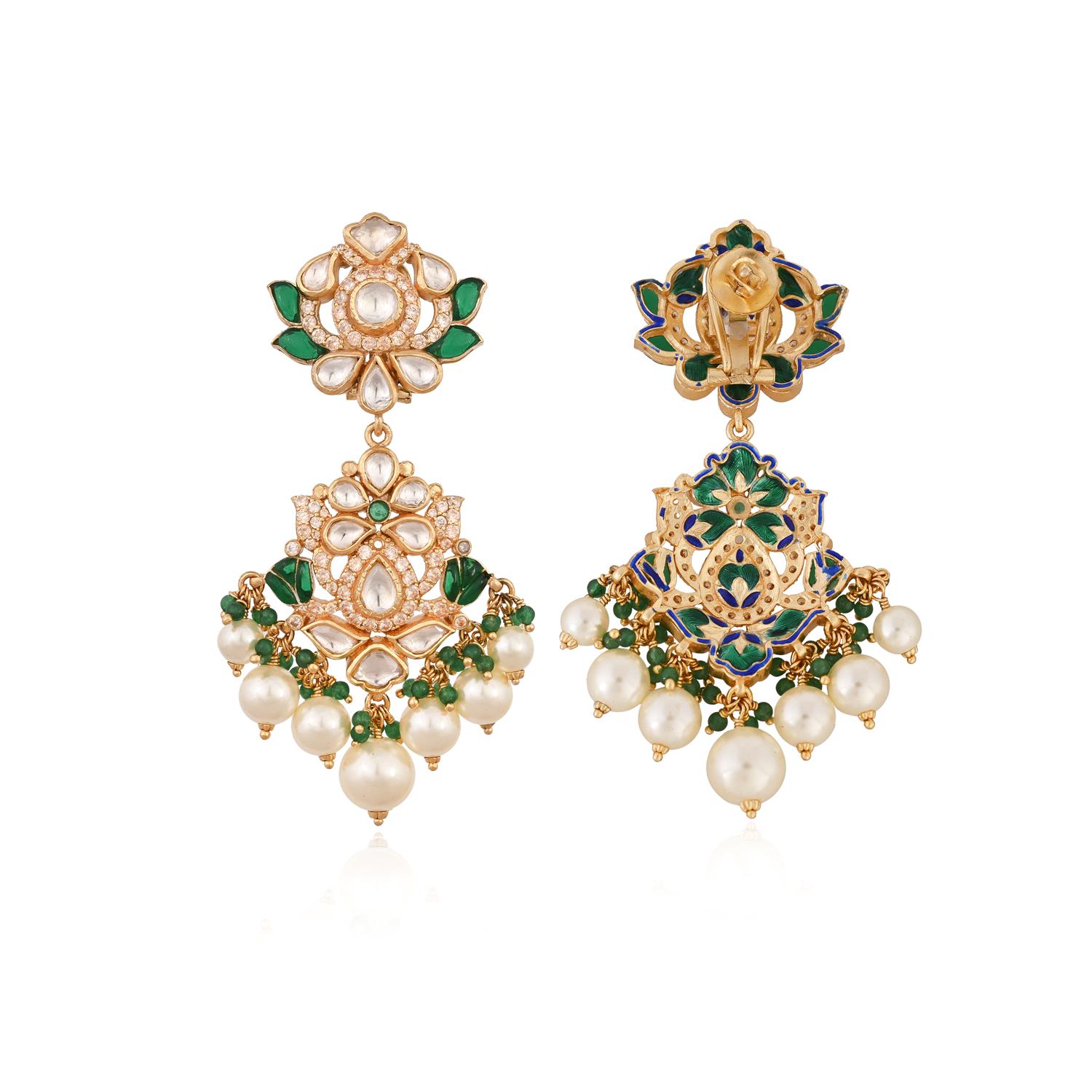 Regal Kundan & Emerald Floral Long Necklace Set with Earrings