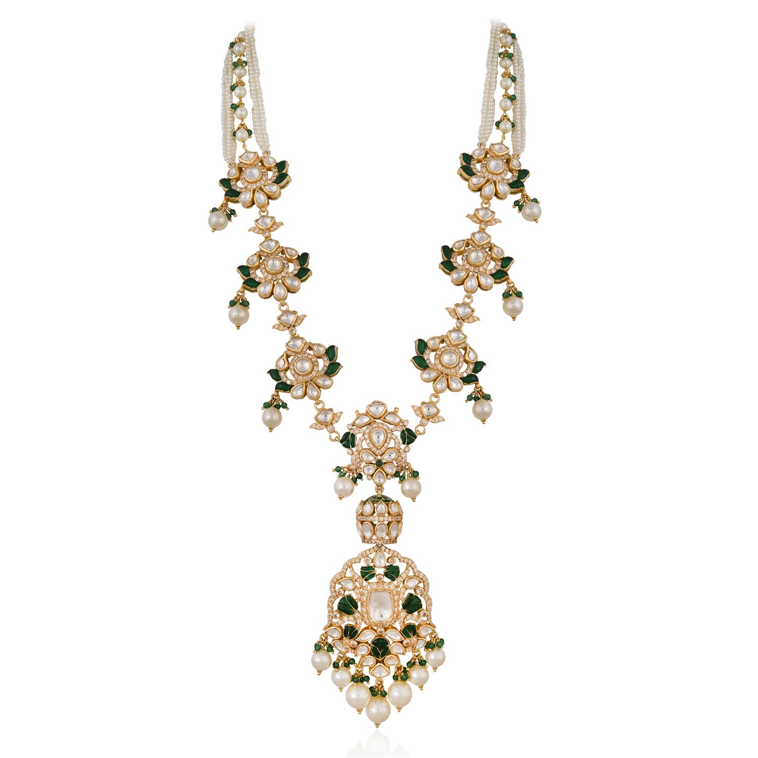 Regal Kundan & Emerald Floral Long Necklace Set with Earrings
