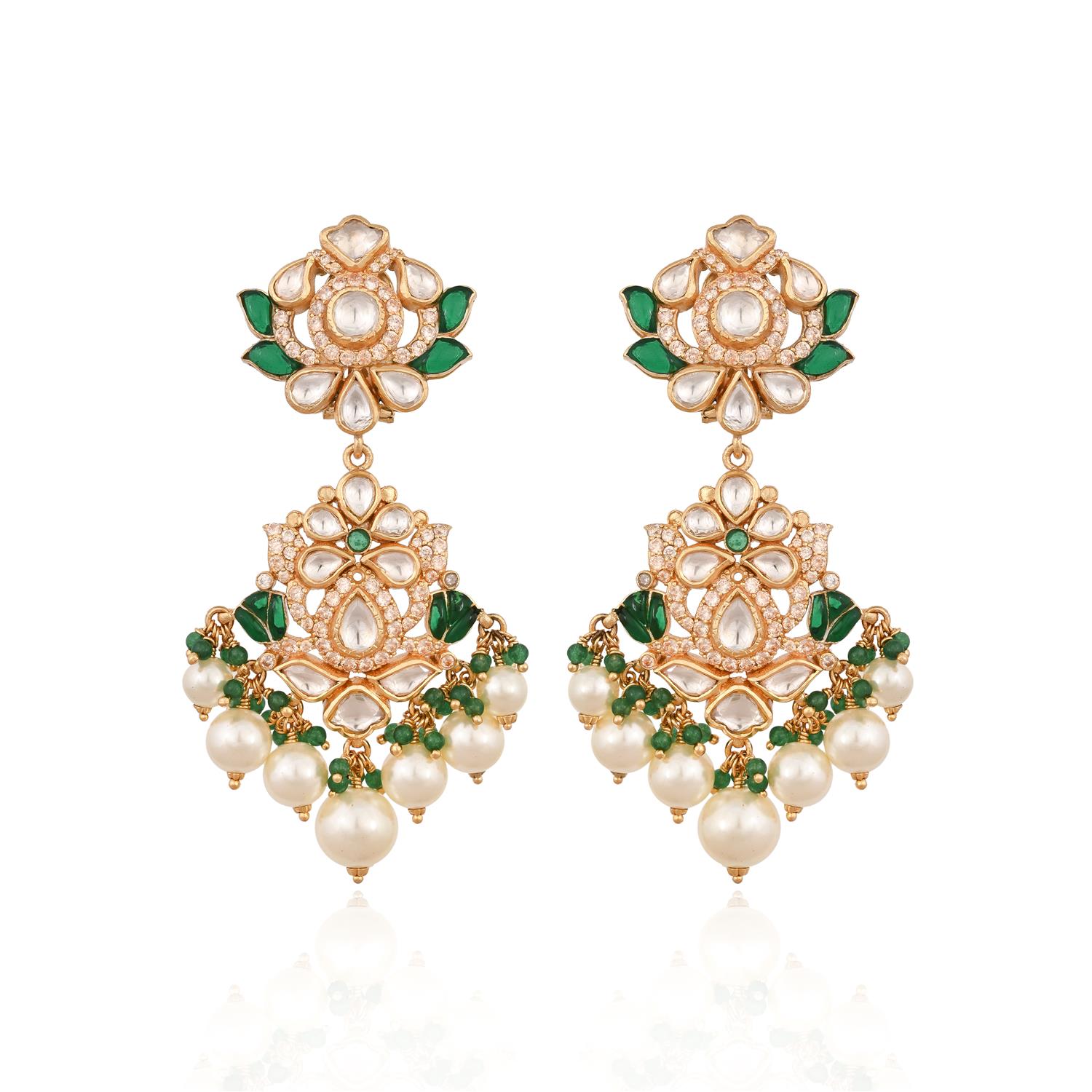 Regal Kundan & Emerald Floral Long Necklace Set with Earrings