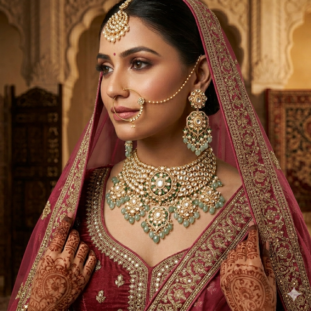 Grand Kundan Choker Necklace Set with Earrings | Emerald Green & Mint Jadau Bridal Jewellery