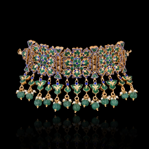 Grand Kundan Choker Necklace Set with Earrings | Emerald Green & Mint Jadau Bridal Jewellery